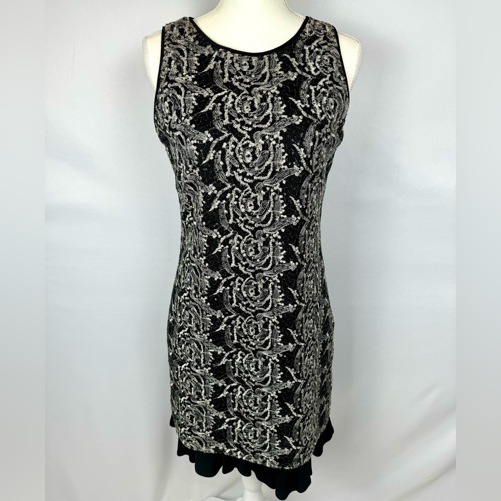 SW3 Bespoke Black Sleeveless Sheath Dress Sequins Floral Embroidery Medium Party